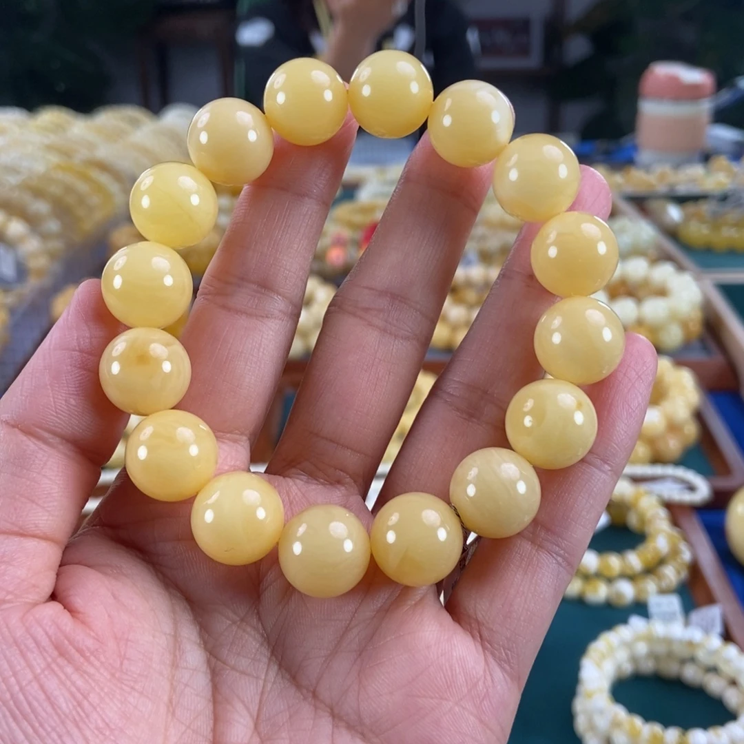 琥珀未镶嵌珠宝奇石14+浓蜡白花蜡圆珠25.47