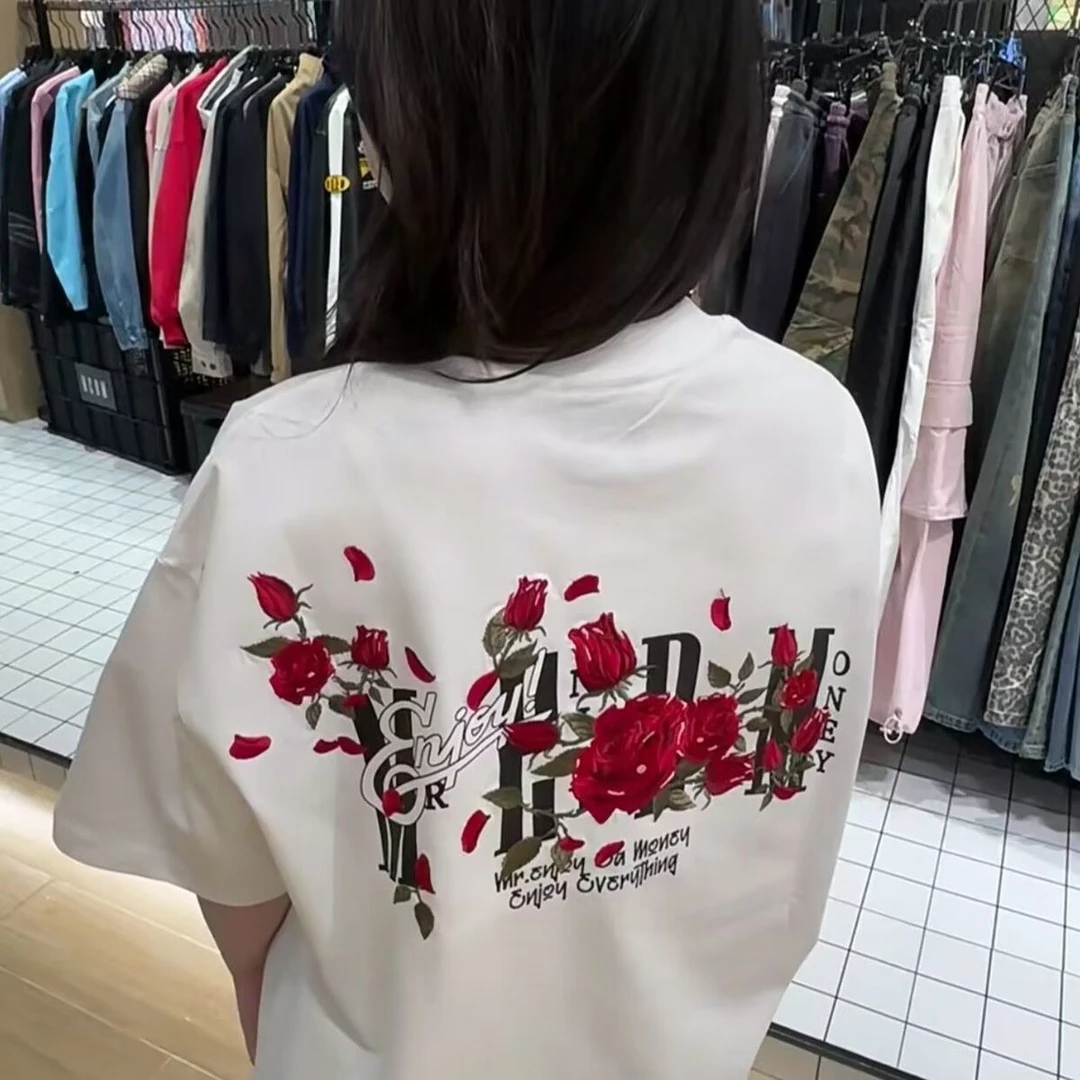 国潮高街玫瑰花卉刺绣短袖T恤男女夏美式复古设计感潮牌情侣上衣