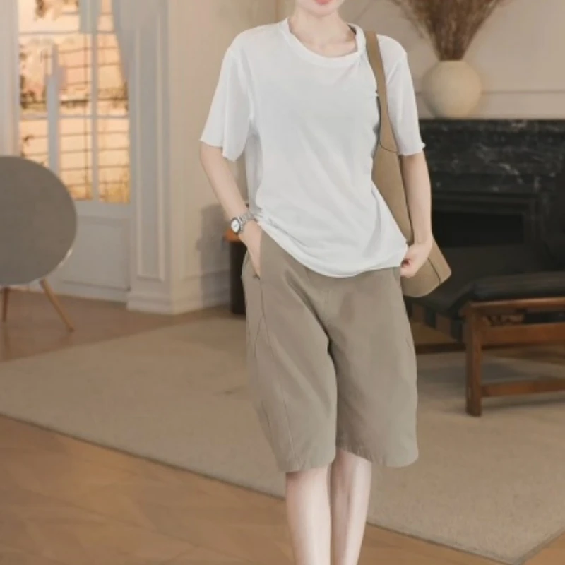 2025新款百搭纯色短袖T恤+复古纯色立裁休闲气球五分裤LK2503793