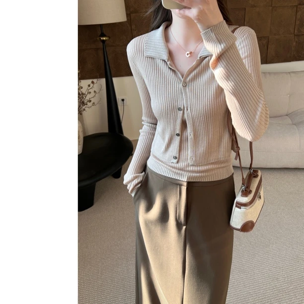 M.M翻领针织套装/双层领针织背心开衫套装