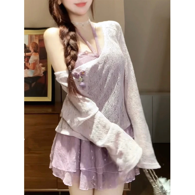 乌梅紫酱早秋纯欲风小众设计罩衫连衣裙叠穿套装甜美纯欲风套装