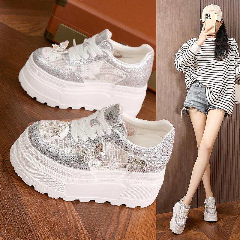 厚底小白鞋女2025春夏新款内增高女鞋镂空透气网面凉鞋百搭休闲鞋