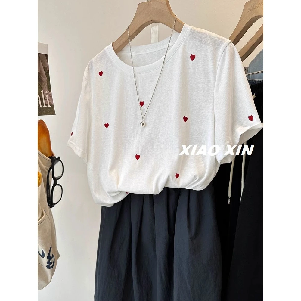 大码显瘦胖mm韩系刺绣爱心薄款雪花棉短袖t恤女夏季宽松百搭上衣