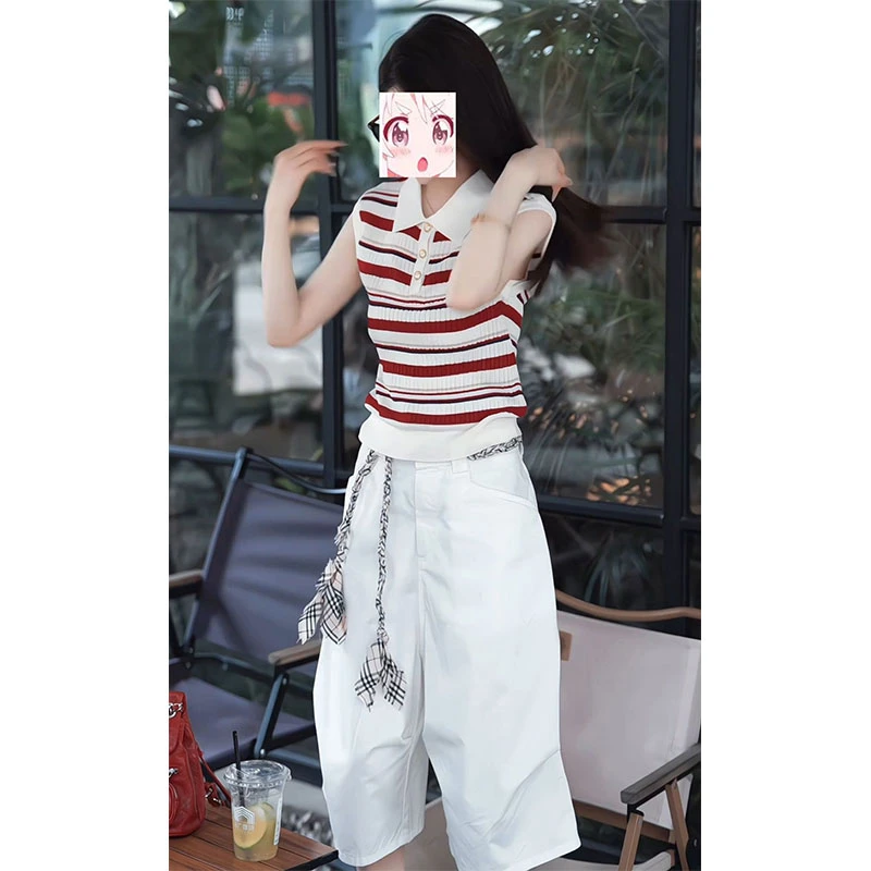 欧货时尚显瘦套装夏季新款运动风中裤子撞色polo领条纹无袖针织衫