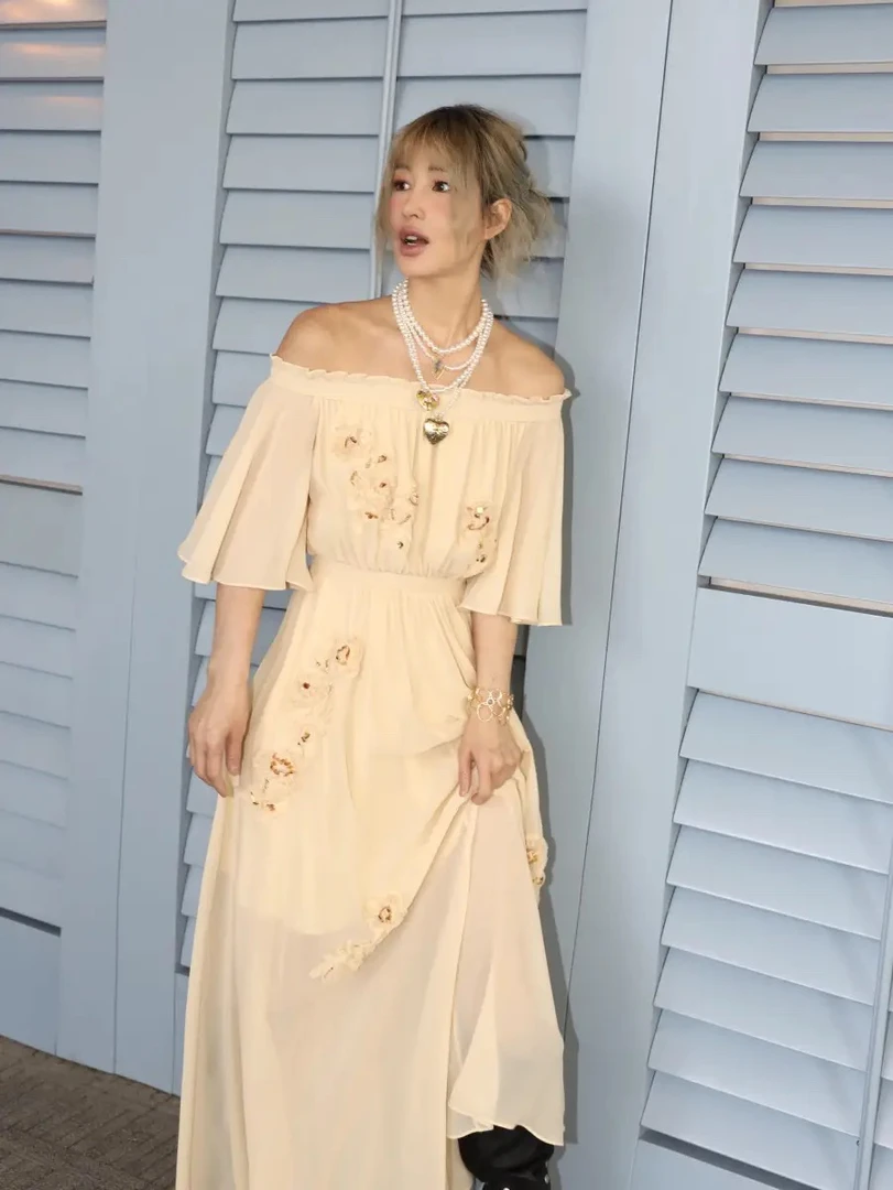 花颜纯色拼接连衣裙泡泡袖女装时尚法式复古设计师