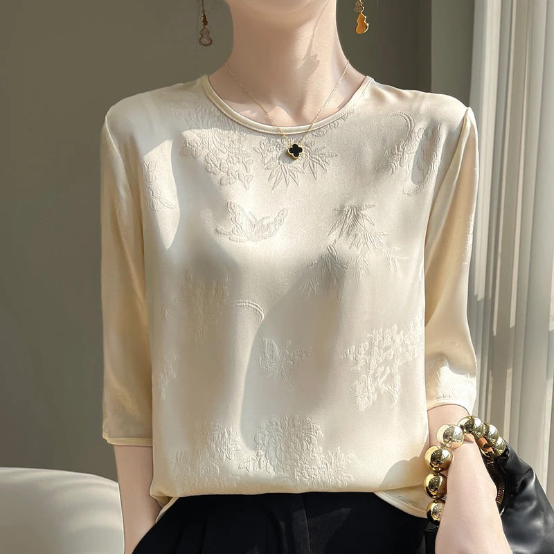 夏季新款女士圆领提花缎面七分袖气质百搭时尚宽松短袖