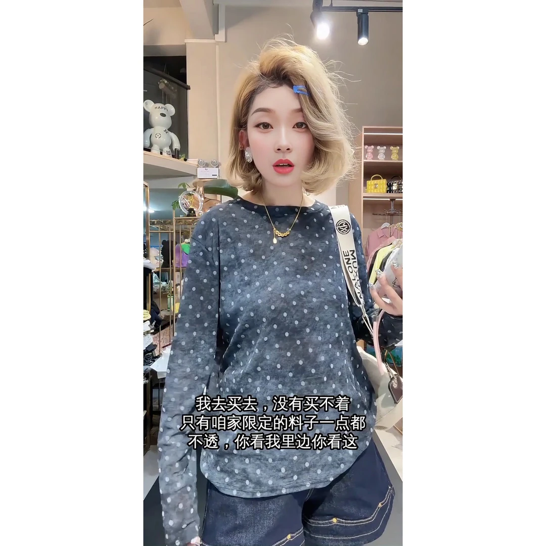 欧洲站波点圆领微透薄款网纱罩衫女2025夏季新款时尚休闲长袖T恤