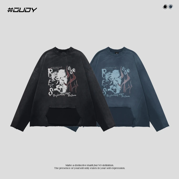 #OVDY炸43重磅430g毛圈卫衣复古喷色做旧洗水磨破圆领卫衣男女