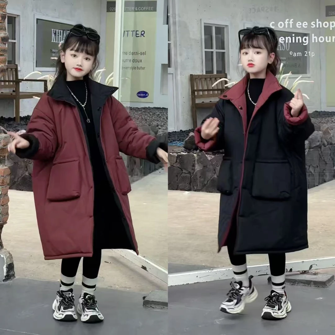 女童中长款加厚洋气两面穿外套2024新款韩版儿童冬季保暖棉服外套