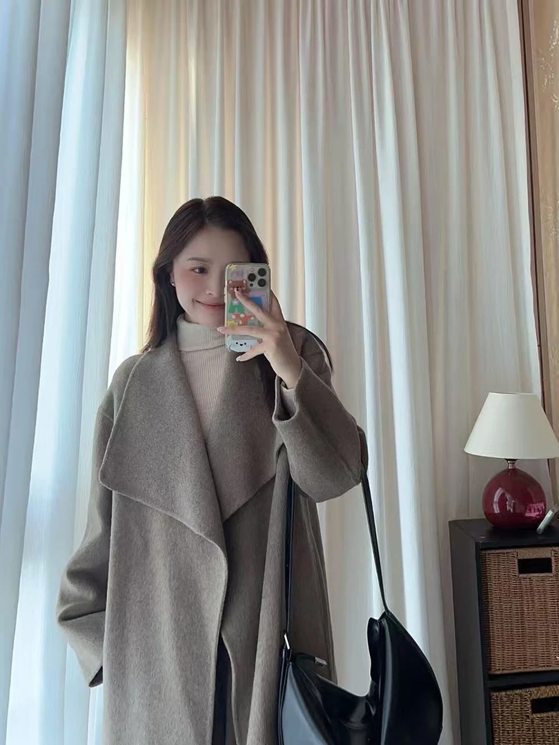 大翻领宽松双面羊毛大衣中长款秋冬新款系带韩版高端毛呢外套女