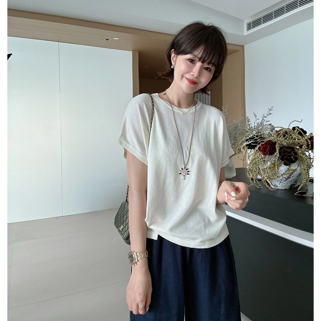 夏季设计感显瘦造型纯色简约高级短袖针织T恤