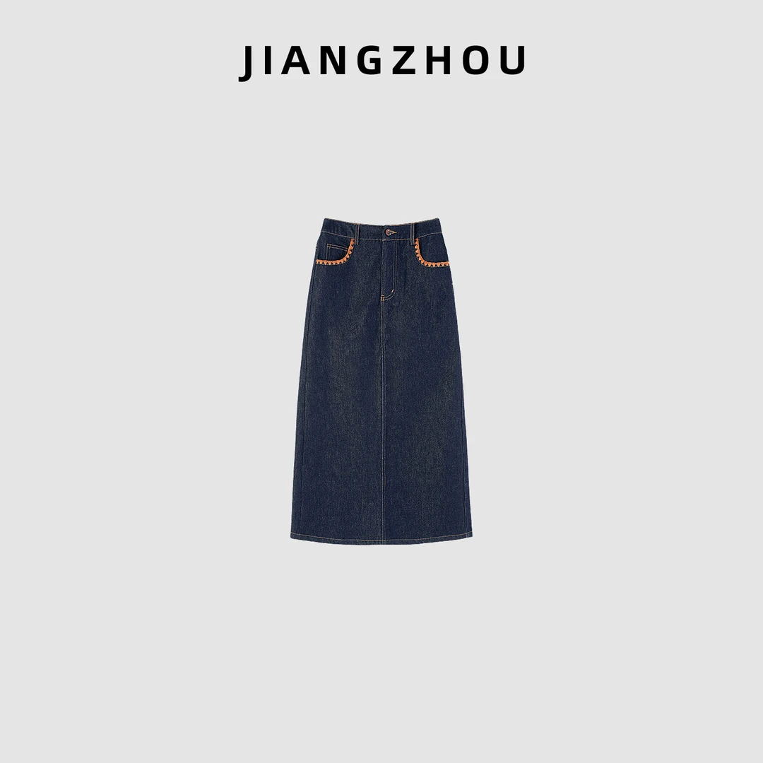 江洲【橙予】秋季新款琥珀流光风圆领单排扣刺绣纯棉牛仔直筒半身裙