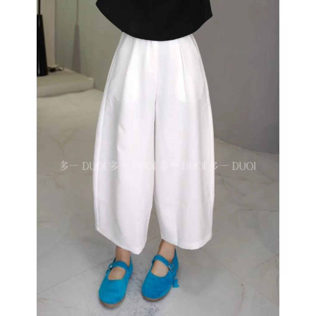 多一"花苞奶奶裤"2025夏季简约纯色百搭半松紧腰小个子休闲阔腿裤