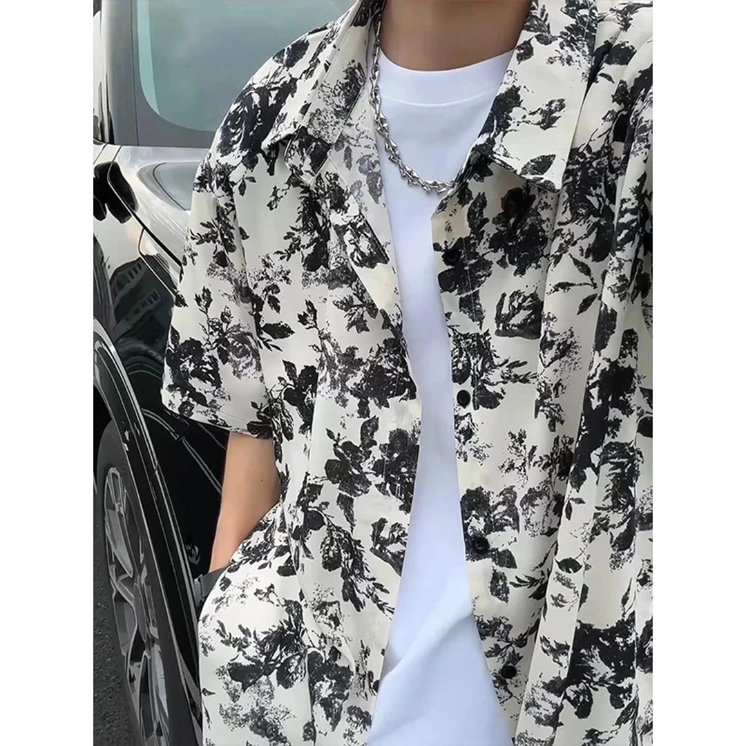 日系复古碎花短袖衬衫男夏季古着vintage度假风沙滩衬衣冰丝外套