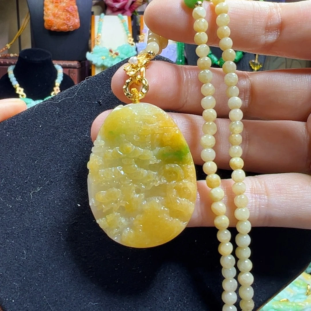 翡翠未镶嵌毛衣链冰黄翡山水