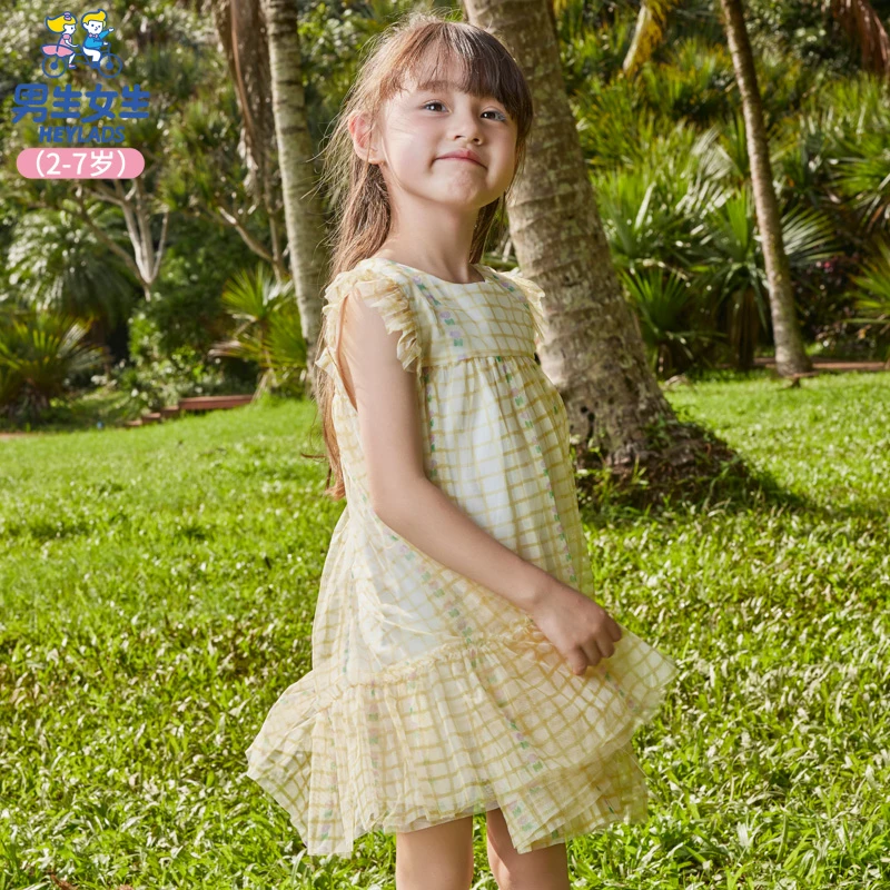 男生女生女小童可爱系格纹花边背心连衣裙NDLGJ24760*