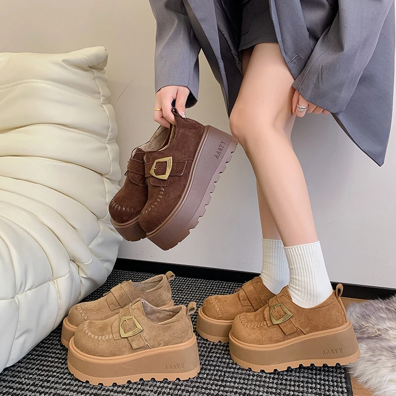 7CM~松糕厚底增高勃肯鞋女全包一脚蹬乐福鞋2025新款薄绒博肯单鞋