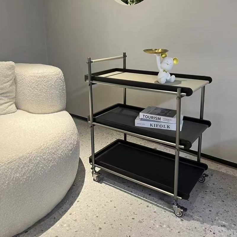 极简可移动沙发边几置物架设计师款轻奢马鞍皮小推车实木三层边几