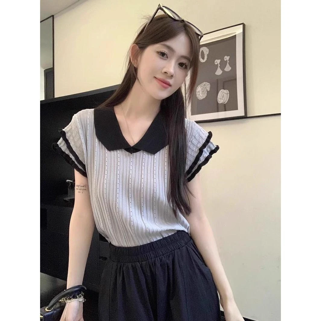 西木柒夏季短袖冰丝针织衫设计感T恤撞色V领宽松显瘦短款飞飞袖