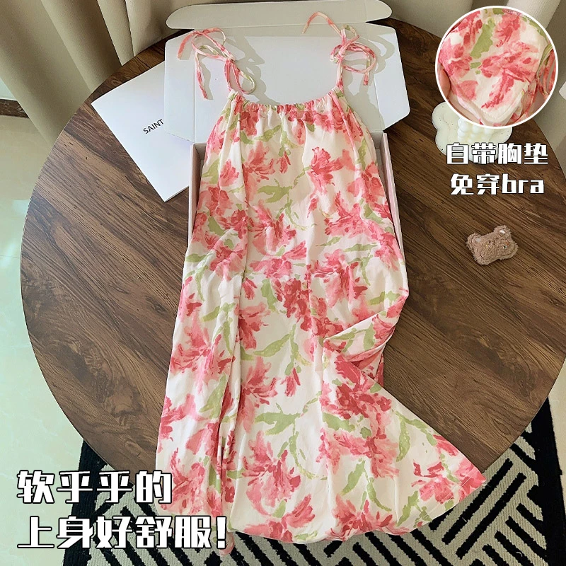 性感吊带睡裙女款2025新款带胸垫睡衣夏季甜美晕染薄款家居服夏天