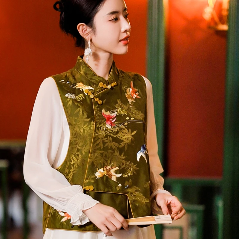 复古日记“七彩锦鲤”金玉满堂国风满绣吉祥桑蚕丝提花中式马夹上衣