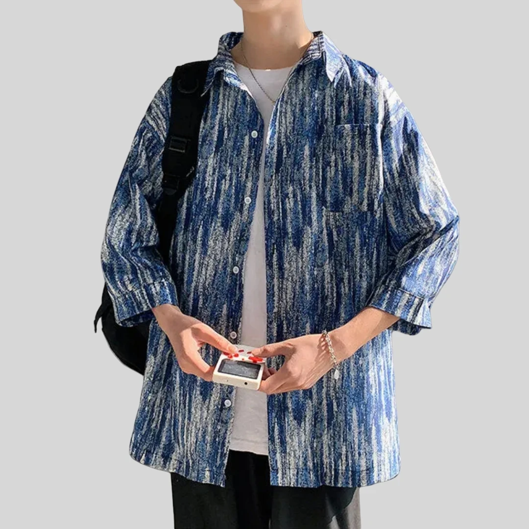 潮牌条纹提花图案冰丝凉爽半袖衬衫夏季凉感垂坠感港风五分袖衬衫