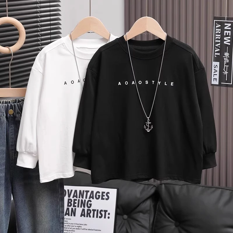 儿童秋冬男童t恤白色长袖2025春秋新款男女中大童打底衫内搭上衣