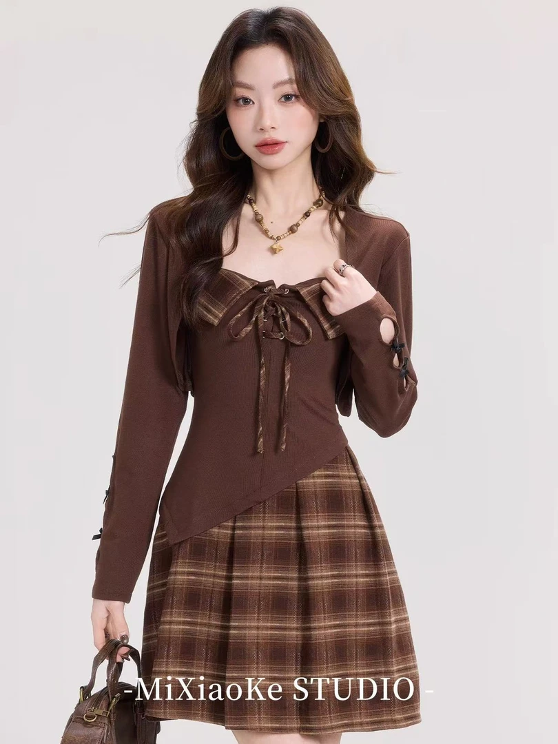 2025早秋新款复古防晒开衫气质格子拼接连衣裙套装
