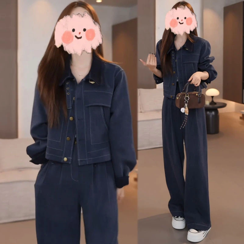 简约时尚拼接短外套直筒裤两件套2025秋季新款高级感休闲套装女