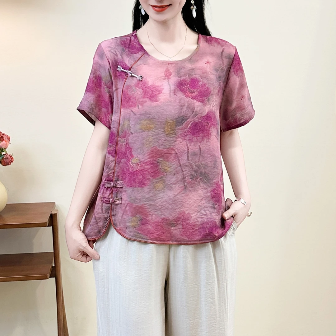 夏季百搭时尚洋气小众设计感T恤2025夏季国风盘扣复古文艺风短袖