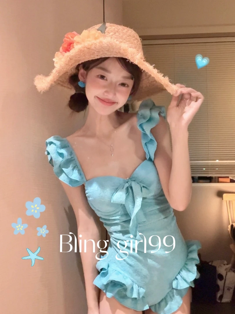 【蓝莓汁】甜美保守钢托聚拢显瘦遮肉显白荷叶边女学生连体泳衣