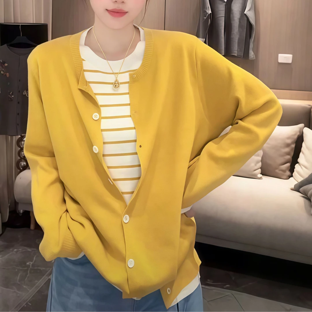 3876大码女装2025秋季新款百搭条纹假两件休闲时尚圆领针织开衫女