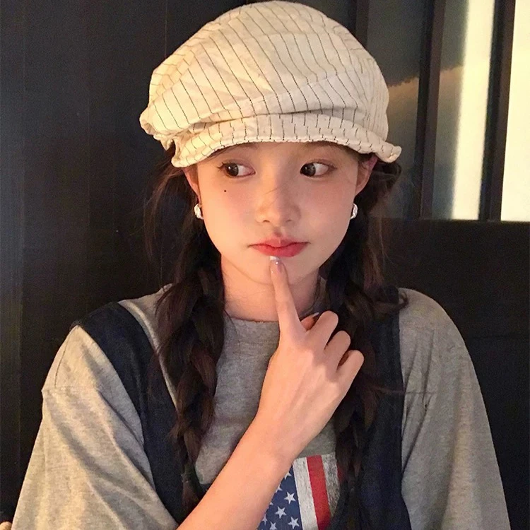春夏季报童帽鸭舌帽女透气日系条纹褶皱贝雷帽画家帽文艺复古帽子