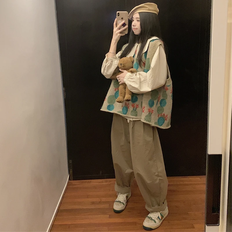 大码女装早春时尚套装云朵领衬衫+针织马甲+百搭肥腿裤显瘦三件套
