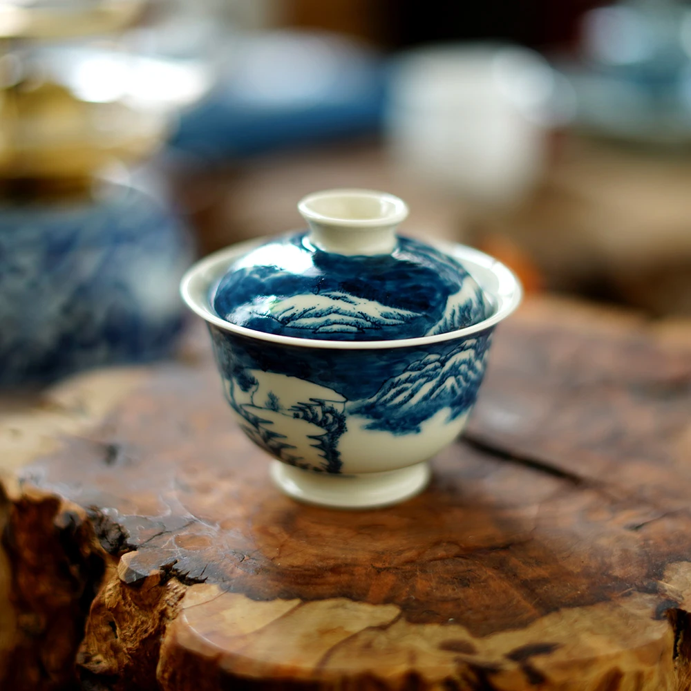 景德镇全手工全手绘柴窑青花二号釉雪景盖碗-120