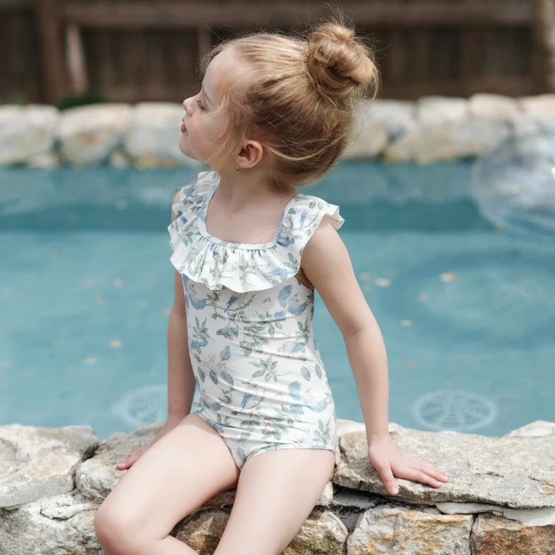 原创印花连体游泳衣夏季新款女孩泳装儿童女宝宝荷叶边吊带泳衣