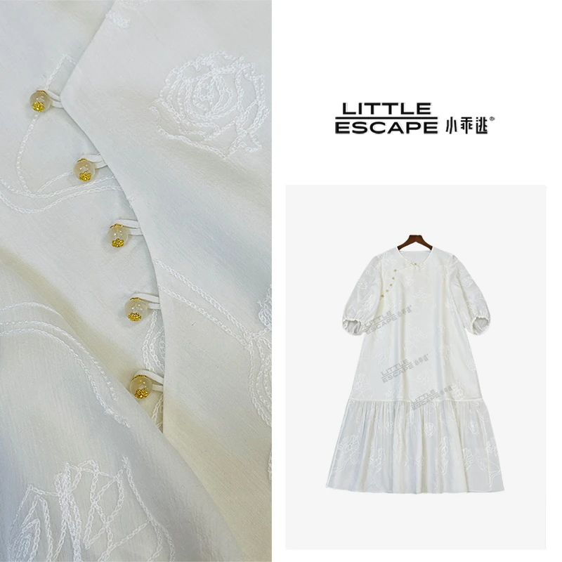 D白色连衣裙公主连衣裙花朵玫瑰绣花白色珠子夏季休闲S25491