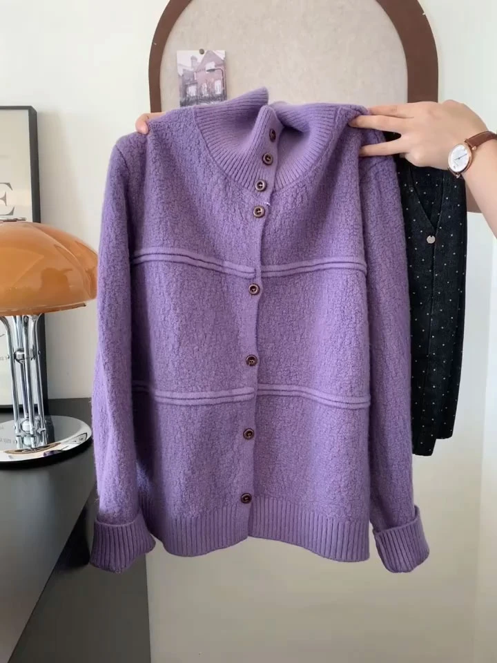 2025秋冬新款韩版立领可翻领毛针织开衫女高级感气质百搭毛衣外套