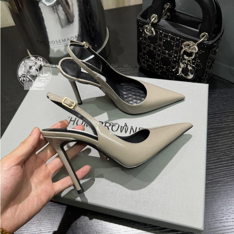 一字扣高跟鞋女2025细跟大象灰尖头时尚包头凉鞋女夏季