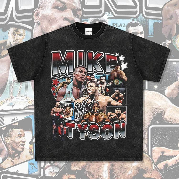 拳王泰森Mike Tyson美式复古印花宽松潮牌水洗重磅纯棉长短袖T恤