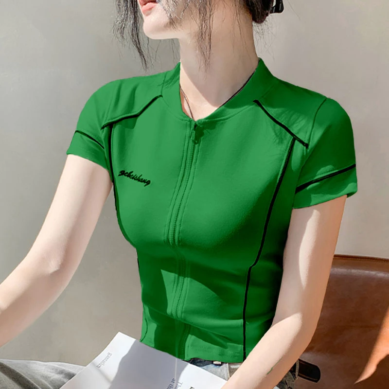 圆领拉链款开衫短袖T恤女2025春季新款修身洋气印花别致内搭上衣