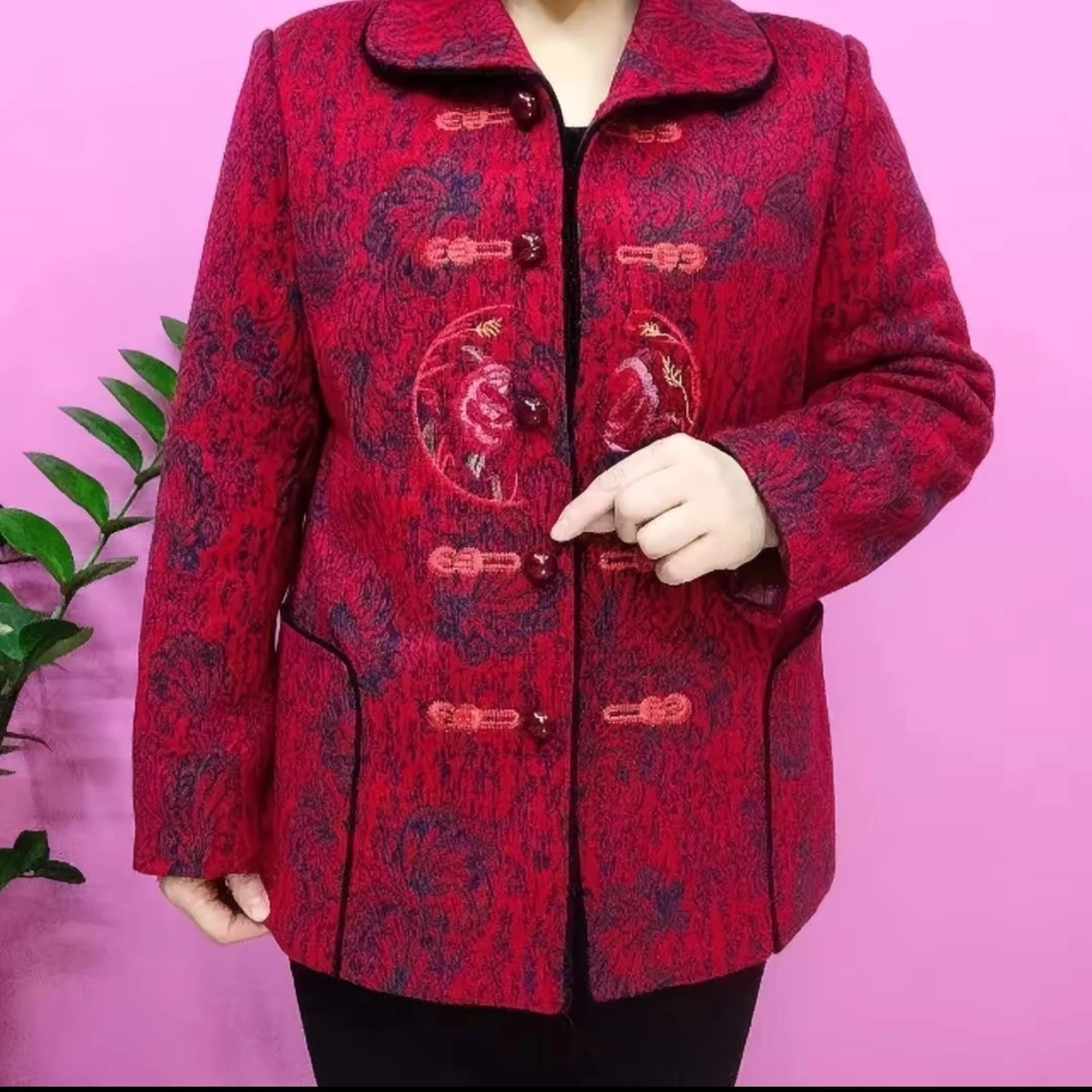 中老年冬装加绒加厚女妈妈装绣花唐装毛呢外套