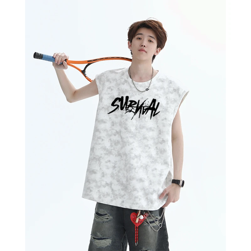 贵芙雅夏季新款潮流休闲扎染工艺无袖T恤美式运动宽松印花背心