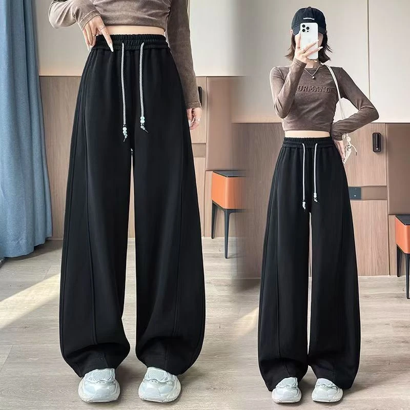 加绒运动休闲阔腿裤子2025秋冬爆款美式显瘦垂感卫裤女弯刀香蕉裤