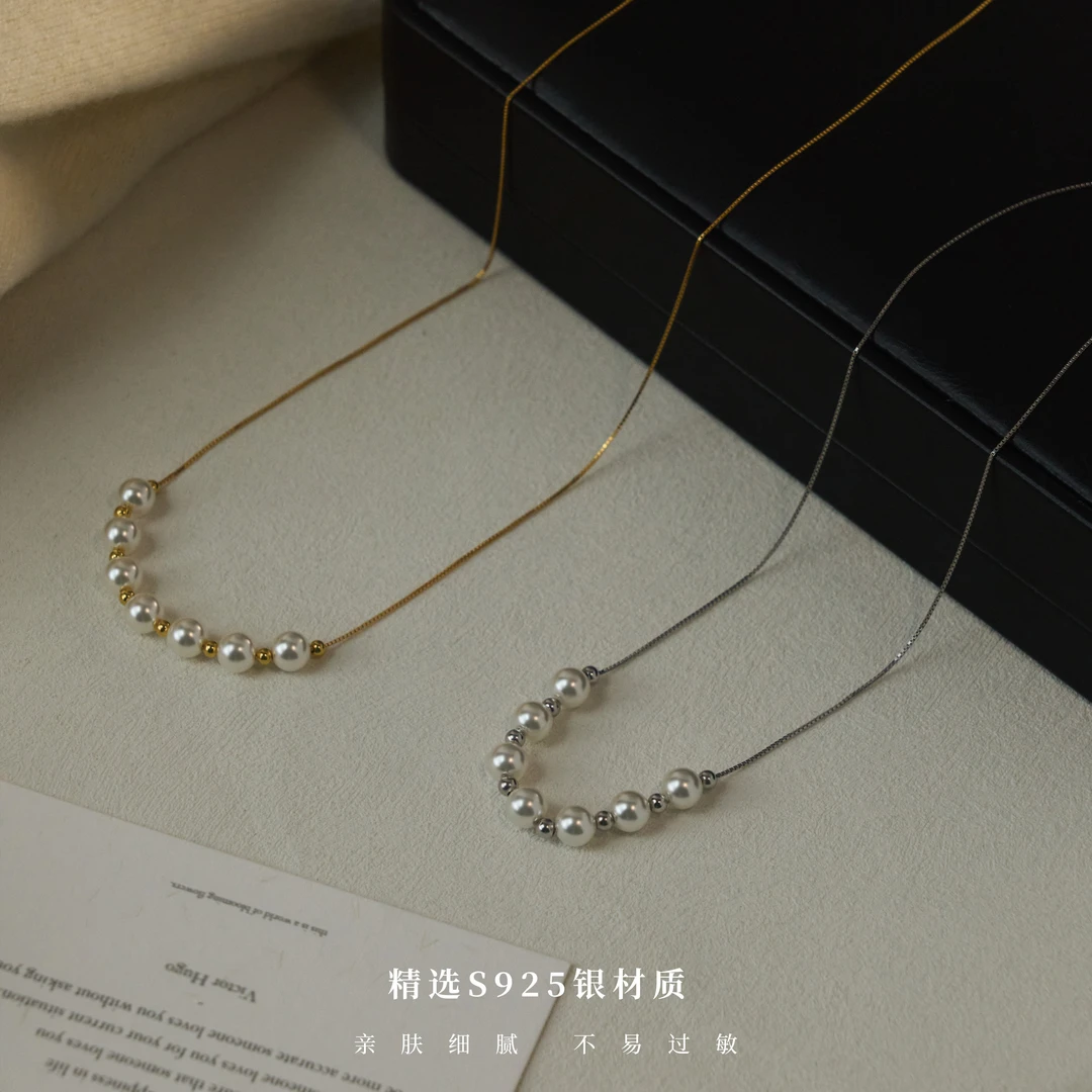 丽沁 链子925银 银豆微笑珠珠项链小众气质百搭简约百搭抽拉颈链