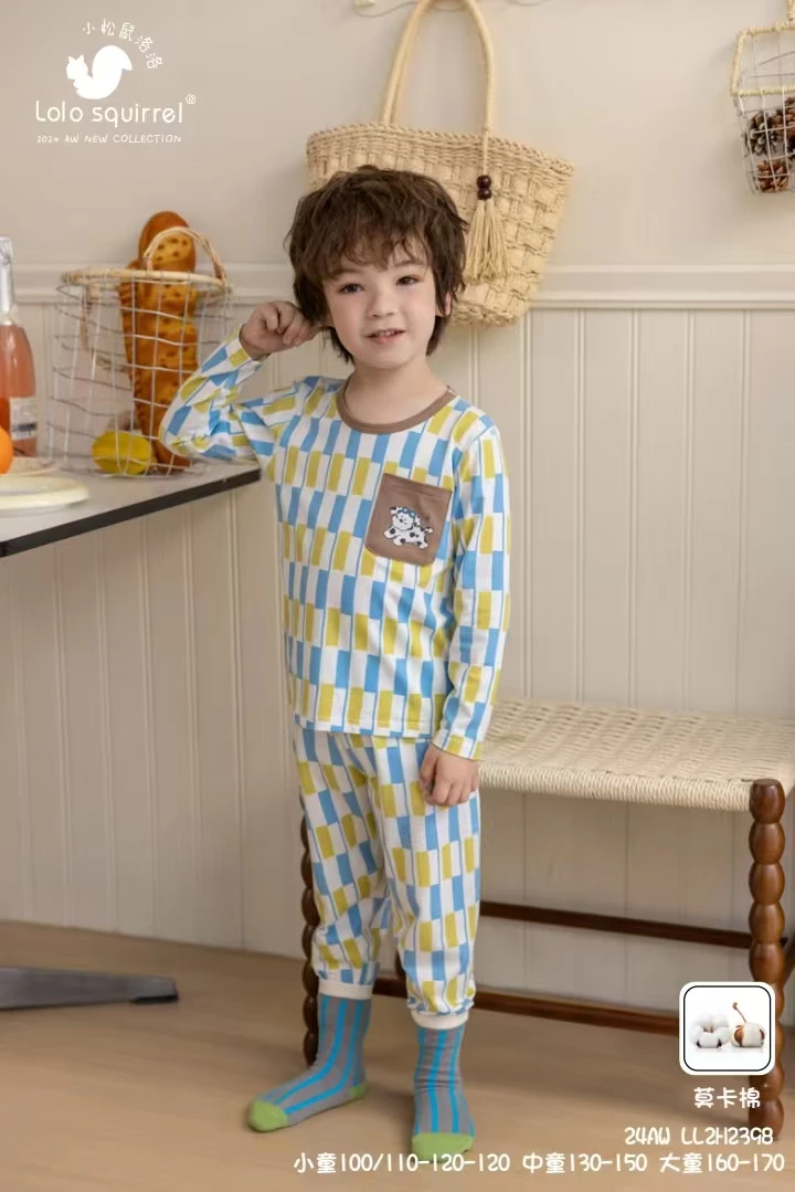 小松鼠洛洛莫卡棉男童格子斑点狗秋衣套装LL2H2398