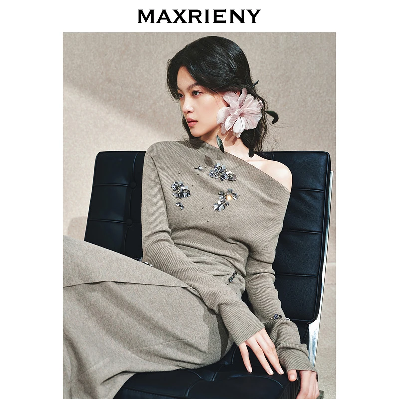 【限定秀款-商场同款】MAXRIENY华丽钉珠堆褶毛衫修身显瘦上衣秋