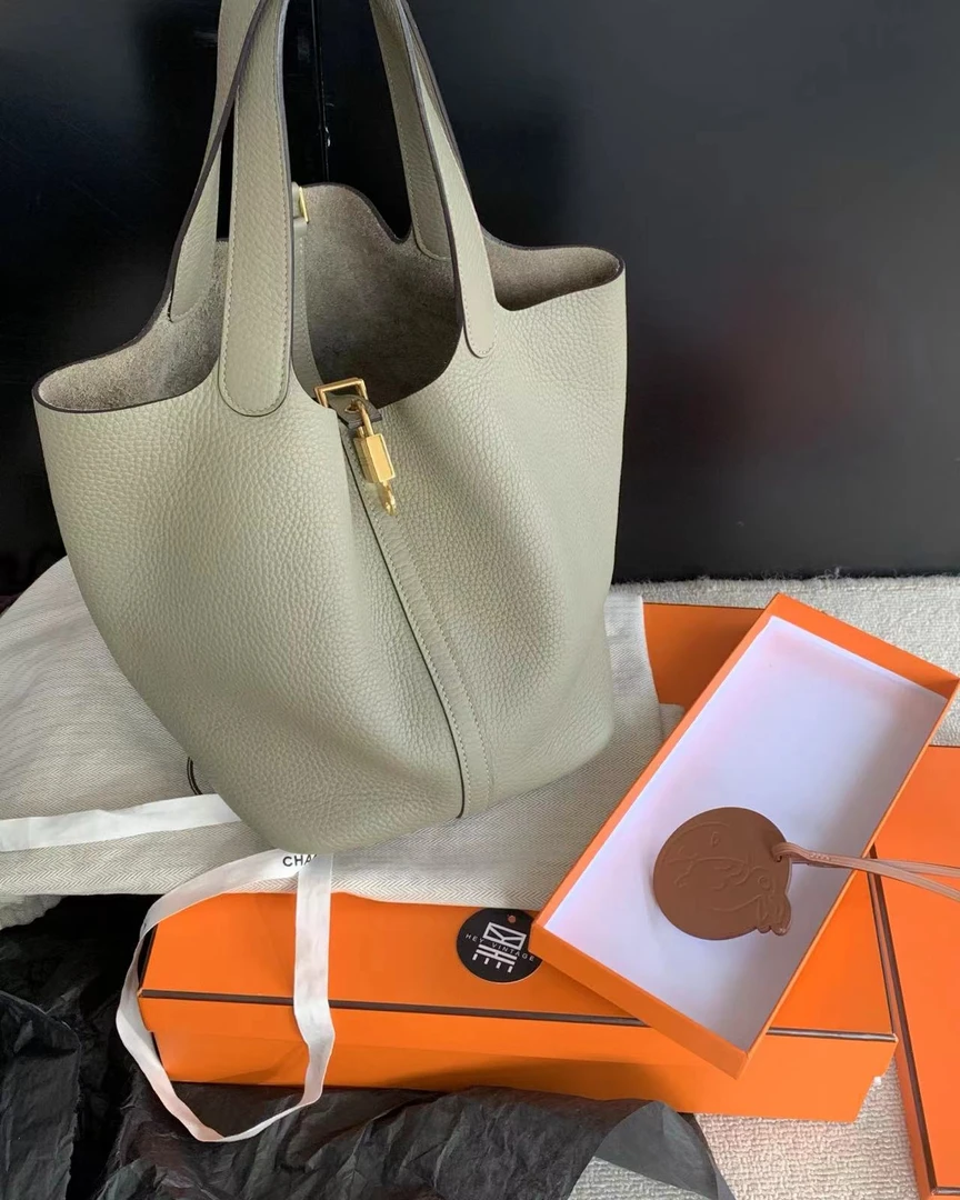 95新 Hermes/爱马仕 鼠尾草绿金扣菜篮子包22  17580940