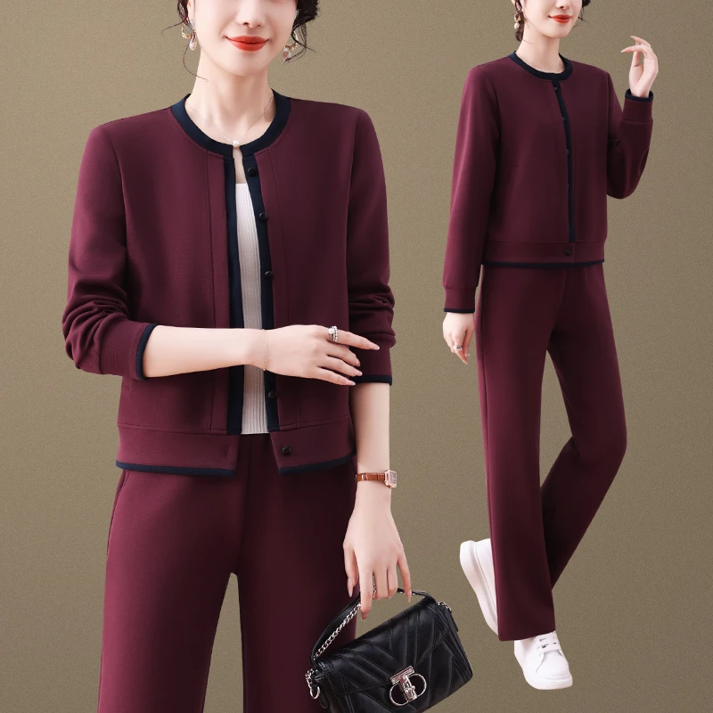 洋气圆领开衫春秋款舒适女装卫衣两件套大码直筒裤显瘦遮肉套装潮