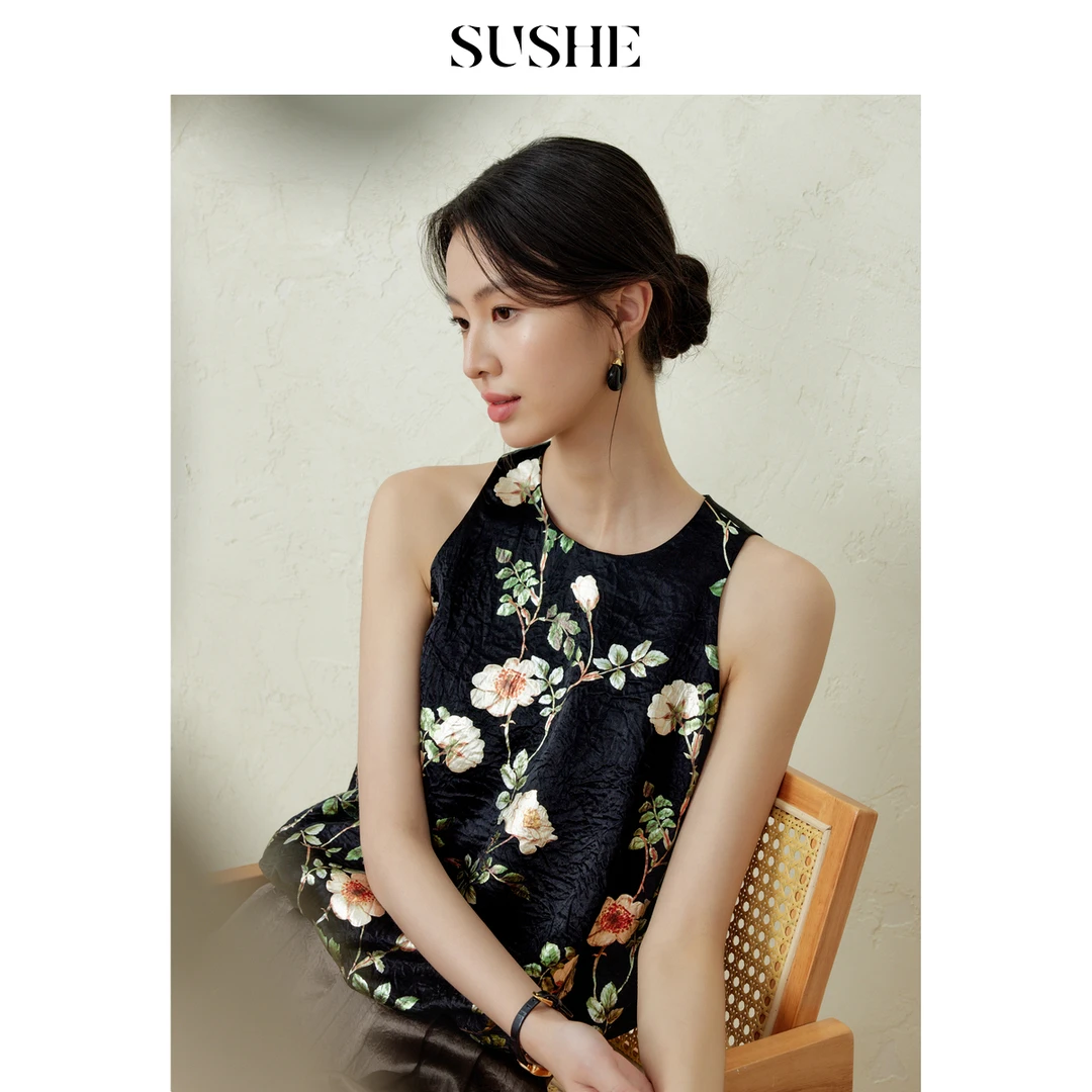 束皙SUSHE醉花茵东方雅集打底时尚高级法式花苞短款醋酸上衣女